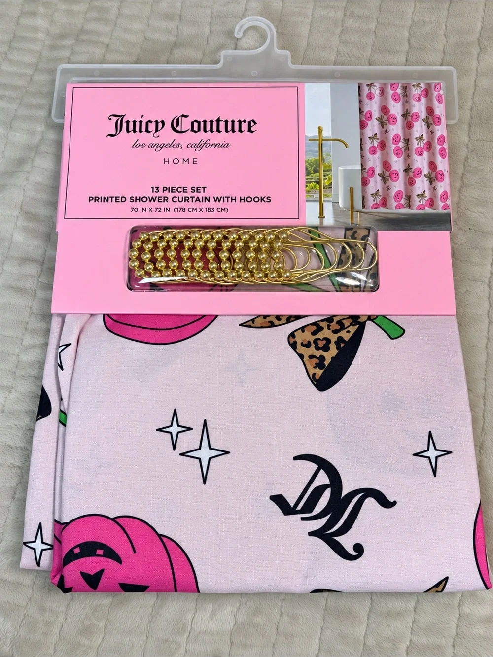 Juicy Couture Pinkoween Pumpkin Leopard Bow Shower Curtain Y2K Halloween NWT